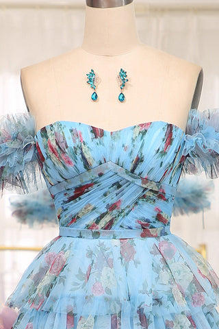 Charming A Line Off the Shoulder Blue Printed Long Prom Dress with Ruffles