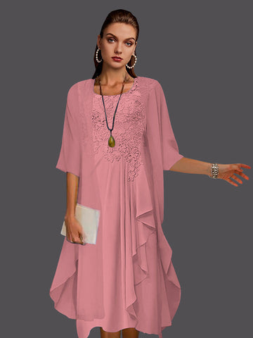 Two Piece A-Line Chiffon Lace Sleeveless Jacket Dresses with Pleats Appliques