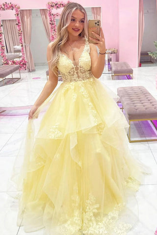 A Line Deep V Neck Yellow Long Prom Dress with Appliques