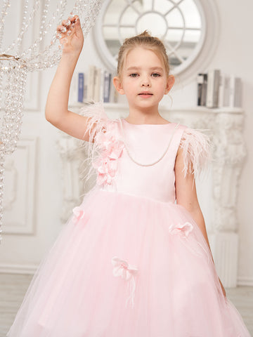Princess Sleeveless Tulle Flower Girl Dress with Beading and Feather Bow (010224704)