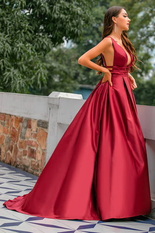 A Line Deep V Neck Burgundy Satin Prom Dress