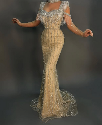 Precioso vestido de noche largo de sirena, de tul amarillo, lentejuelas y cuentas, estilo princesa, modelo Y8538