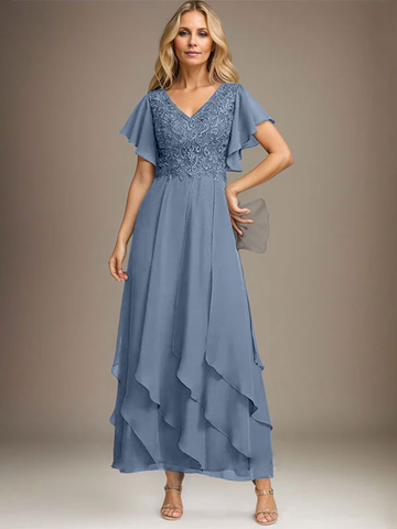 A-line V-Neck Ankle-Length Lace Chiffon Mother of the Bride Dress With Cascading Ruffles