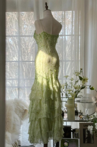 Robe de bal longue sirène verte, décolleté cœur, en mousseline perlée à plusieurs couches, Y8558