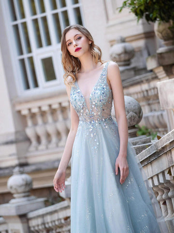 Baoleely Robe de soirée trapèze en tulle, col en V, luxueuse et sexy, sans manches, longueur au sol