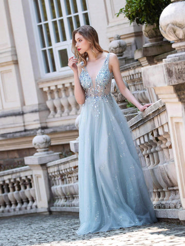 Baoleely Robe de soirée trapèze en tulle, col en V, luxueuse et sexy, sans manches, longueur au sol