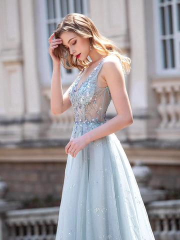 Baoleely Robe de soirée trapèze en tulle, col en V, luxueuse et sexy, sans manches, longueur au sol