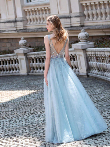 Baoleely Robe de soirée trapèze en tulle, col en V, luxueuse et sexy, sans manches, longueur au sol