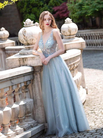 Baoleely Robe de soirée trapèze en tulle, col en V, luxueuse et sexy, sans manches, longueur au sol