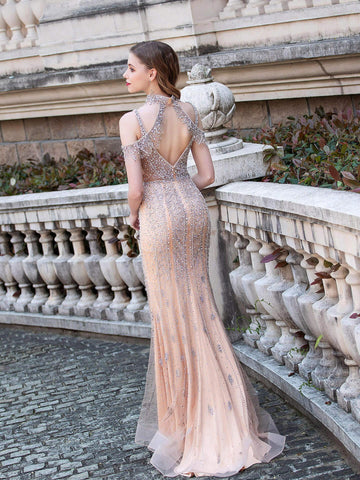 Vestido de noche formal Baoleely de sirena, con escote en V, lujoso, sexy, sin mangas y largo hasta el suelo. 