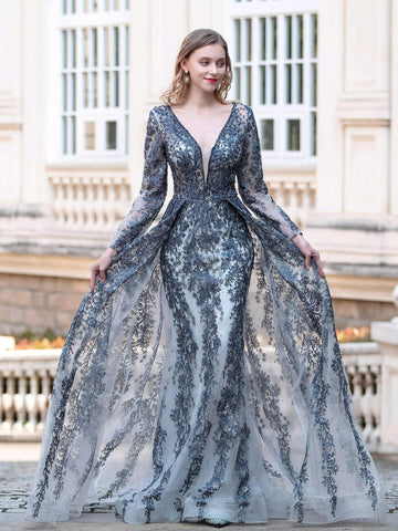 Vestidos de noche formales de moda Baoleely, corte sirena/trompeta, escote en V, manga larga, hasta el suelo, para baile de graduación. 