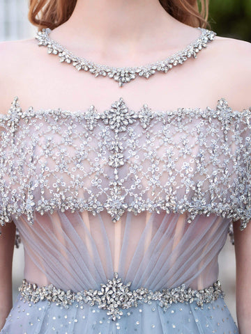 Vestidos de noche formales de lujo, corte A, tul con cuentas, manga corta, largos hasta el suelo, para baile de graduación. 