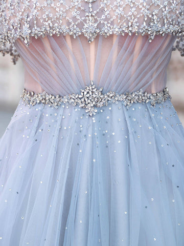 Vestidos de noche formales de lujo, corte A, tul con cuentas, manga corta, largos hasta el suelo, para baile de graduación. 