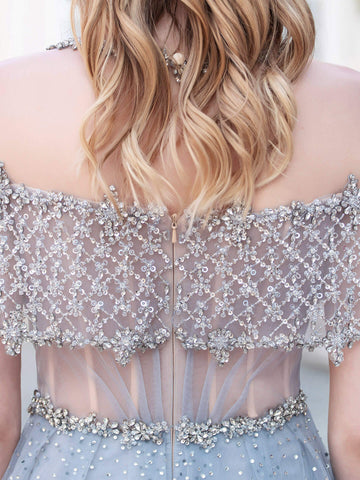 Vestidos de noche formales de lujo, corte A, tul con cuentas, manga corta, largos hasta el suelo, para baile de graduación. 