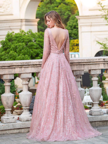 Vestidos de noche formales de lujo de moda con escote en V y corte A, vestidos de fiesta de manga larga hasta el suelo 