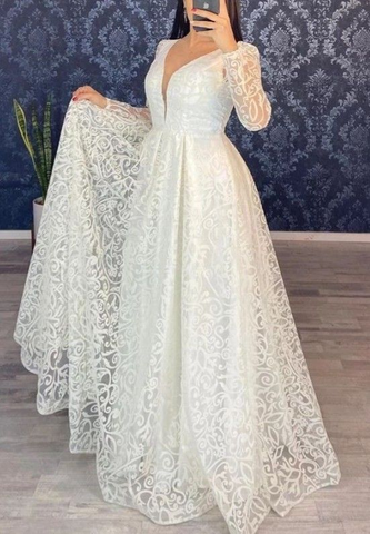Vestido de novia de encaje con escote en V y corte en A, manga larga, modelo Y5003