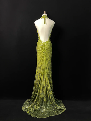 Magnifique robe de bal longue sirène à sequins, dos nu et col halter vert anthracite Y8647