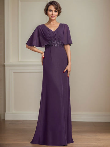 A-line V-Neck Floor-Length Chiffon Mother of the Bride Dress With Pleated Sequins Appliques Lace