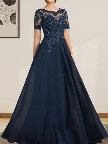 A-line Scoop Illusion Floor-Length Chiffon Lace Mother of the Bride Dress With Sequins Beading
