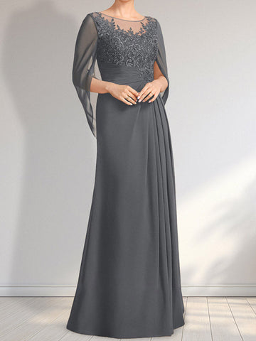 A-line Scoop Illusion Floor-Length Lace Chiffon Mother of the Bride Dress With Pleated Sequins
