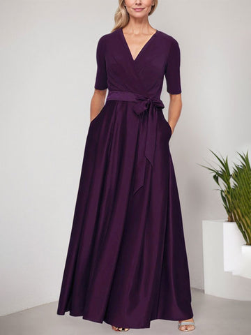 Surplice Neckline Ballgown with Full Satin Skirt & Jersey Bodice