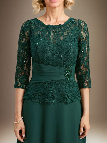 A-line Scoop Illusion Floor-Length Chiffon Lace Mother of the Bride Dress With Pleated Sequins Beading