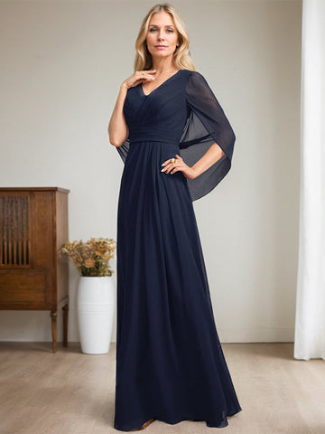 Dark Navy A-Line V-Neck Long Mother of Bride Dress