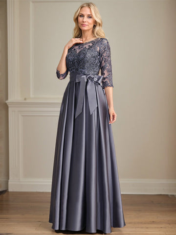 A-line Scoop Illusion Floor-Length Satin Lace Mother of the Bride Dress With Sequins Bow