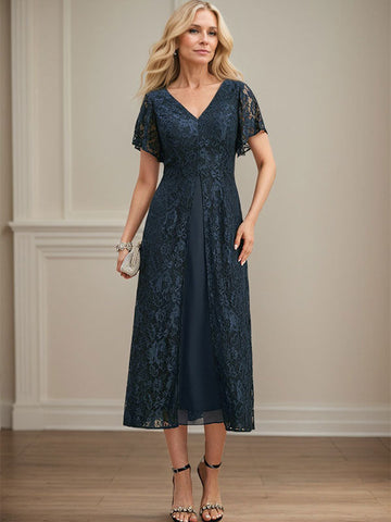 A-line V-Neck Tea-Length Lace Chiffon Mother of the Bride Dress