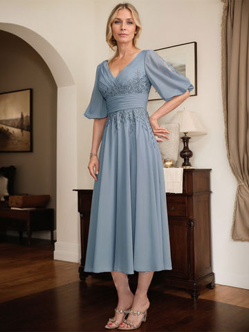 A-line V-Neck Tea-Length Lace Chiffon Mother of the Bride Dress With Pleated