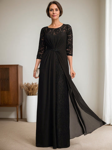 A-Line Scoop Illusion Floor-Length Lace Chiffon Mother Of the Bride Dress With Beading Ruffles