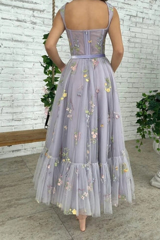 Vestidos de fiesta de tul elegantes, sin mangas, de corte en A y hasta el tobillo