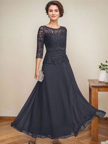 A-line Scoop Illusion Ankle-Length Chiffon Lace Mother of the Bride Dress With Rhinestone Beading