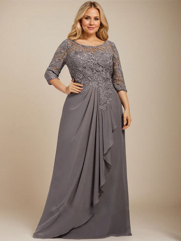 A-line Scoop Illusion Floor-Length Lace Chiffon Mother of the Bride Dress With Cascading Ruffles