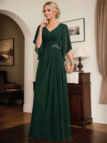Sheath/Column V-Neck Floor-Length Chiffon Mother of the Bride Dress With Pleated Sequins Beading