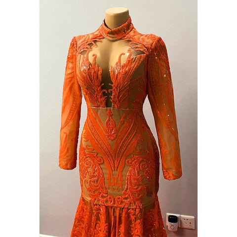 Robe de bal sirène américaine unique à col haut et manches longues avec appliques de paillettes 