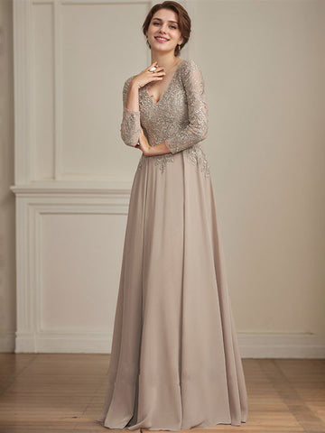 A-line V-Neck Floor-Length Lace Chiffon Mother of the Bride Dress With Sequins