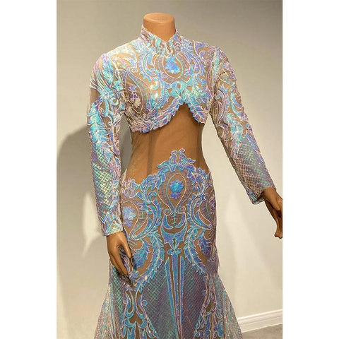 Robe de bal sirène à col haut et paillettes appliquées, unique pour fille noire 