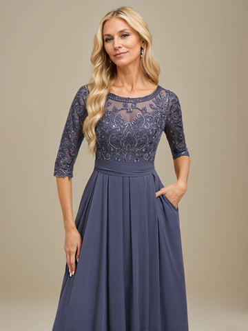 A-Line Scoop Floor-Length Lace Chiffon Mother Of the Bride Dress With Sequins Applique