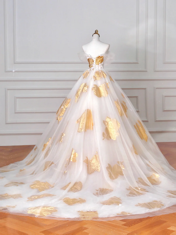 Robe de bal en tulle imprimé or, épaules dénudées, coupe trapèze, modèle Y8618