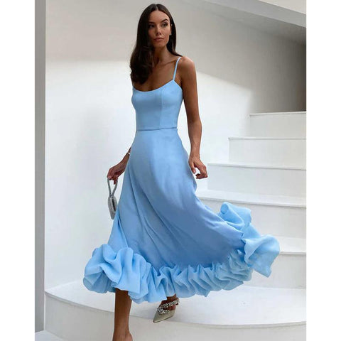Vestidos de noche formales largos con tirantes finos y volantes redondos 