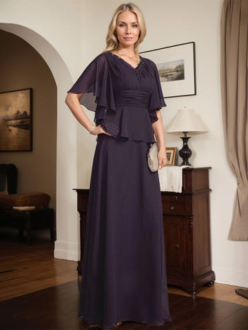 A-line V-Neck Floor-Length Chiffon Mother of the Bride Dress With Pleated Beading
