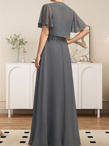 A-line Scoop Illusion Floor-Length Lace Chiffon Mother of the Bride Dress With Sequins