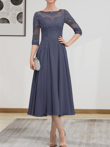 A-line Scoop Illusion Tea-Length Chiffon Lace Mother of the Bride Dress With Beading Sequins