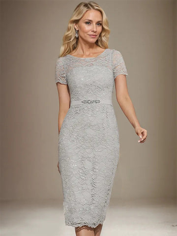 Sheath/Column Scoop Knee-Length Chiffon Lace Mother of the Bride Dress With Beading