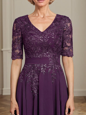 A-line V-Neck Tea-Length Lace Chiffon Mother of the Bride Dress With Sequins