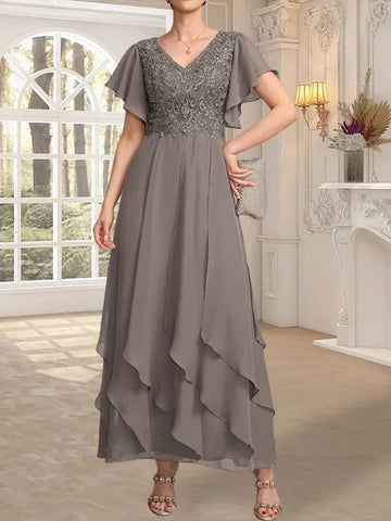 A-line V-Neck Ankle-Length Lace Chiffon Mother of the Bride Dress With Cascading Ruffles