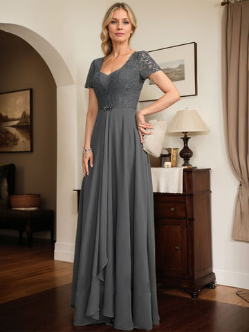 A-line Sweetheart Floor-Length Chiffon Lace Mother of the Bride Dress With Beading Cascading Ruffles
