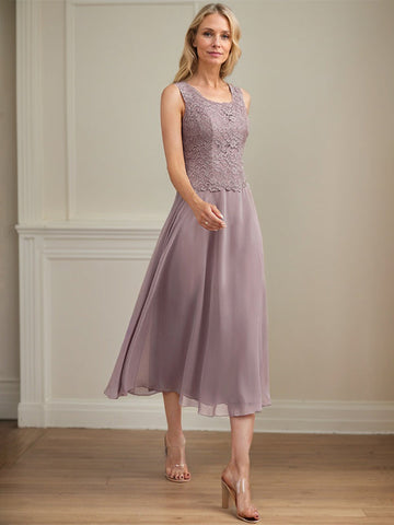 A-line Scoop Tea-Length Lace Chiffon Mother of the Bride Dress