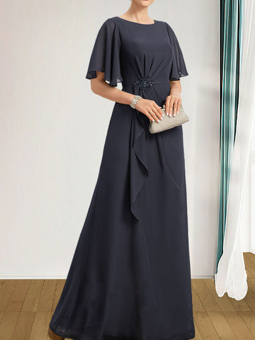 A-line Scoop Floor-Length Chiffon Mother of the Bride Dress With Cascading Ruffles Beading Sequins